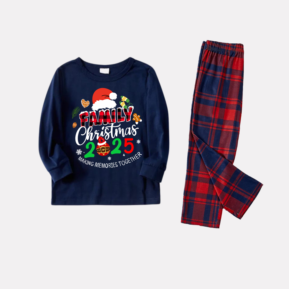 Drune | "Familien-Weihnachten 2025" Text und Weihnachtsmannhut Drucke Blaue Langarmoberteil mit Rot- und Blau-Karohose Weihnachts-Matching-Pyjamas