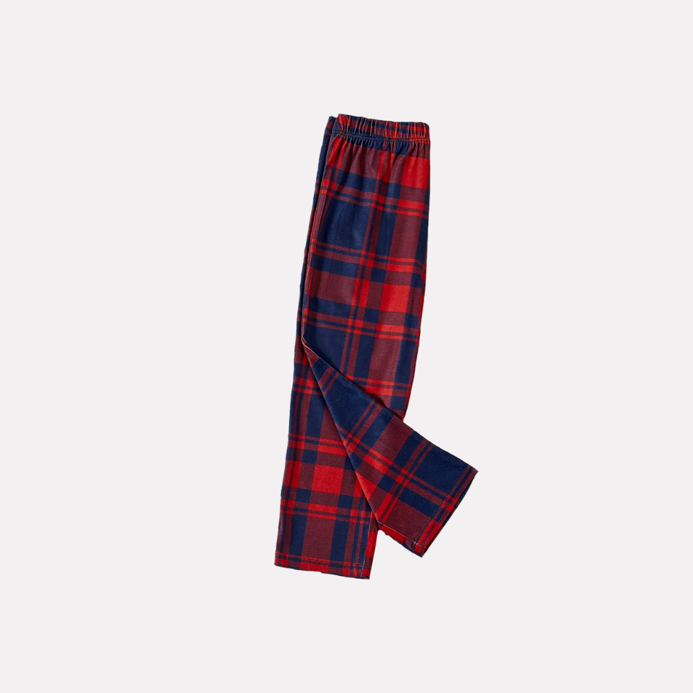 Drune | "Familien-Weihnachten 2025" Text und Weihnachtsmannhut Drucke Blaue Langarmoberteil mit Rot- und Blau-Karohose Weihnachts-Matching-Pyjamas