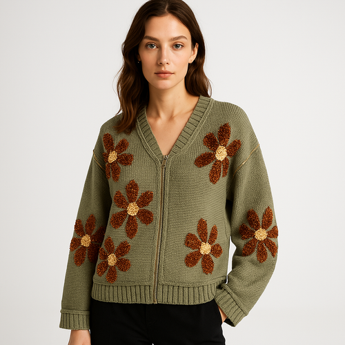 Drune | Strickjacke mit Blumenstickerei Fantasiegewebe Entspannung & Stil