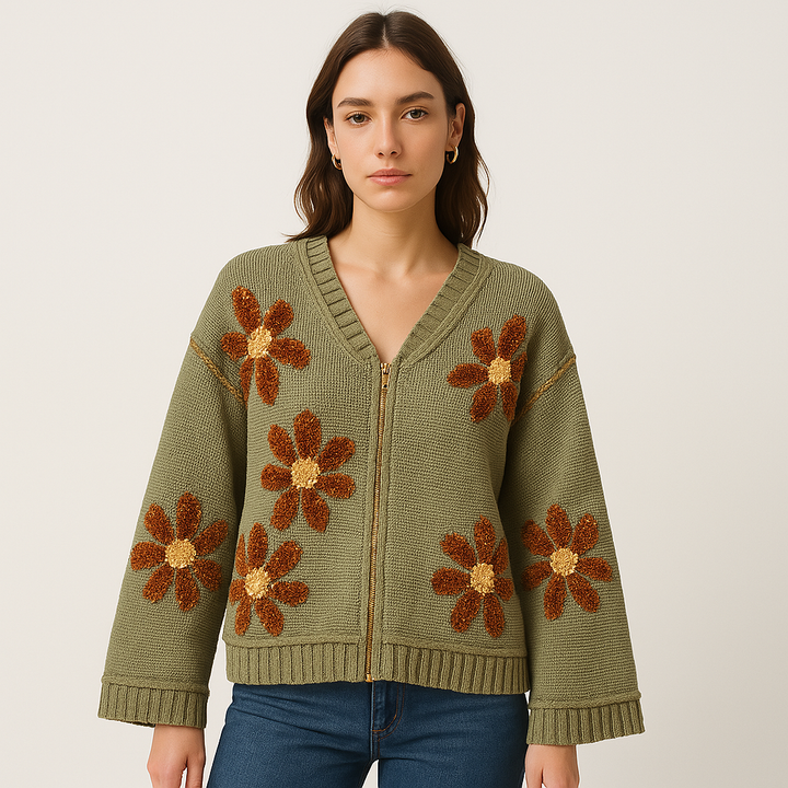 Drune | Strickjacke mit Blumenstickerei Fantasiegewebe Entspannung & Stil
