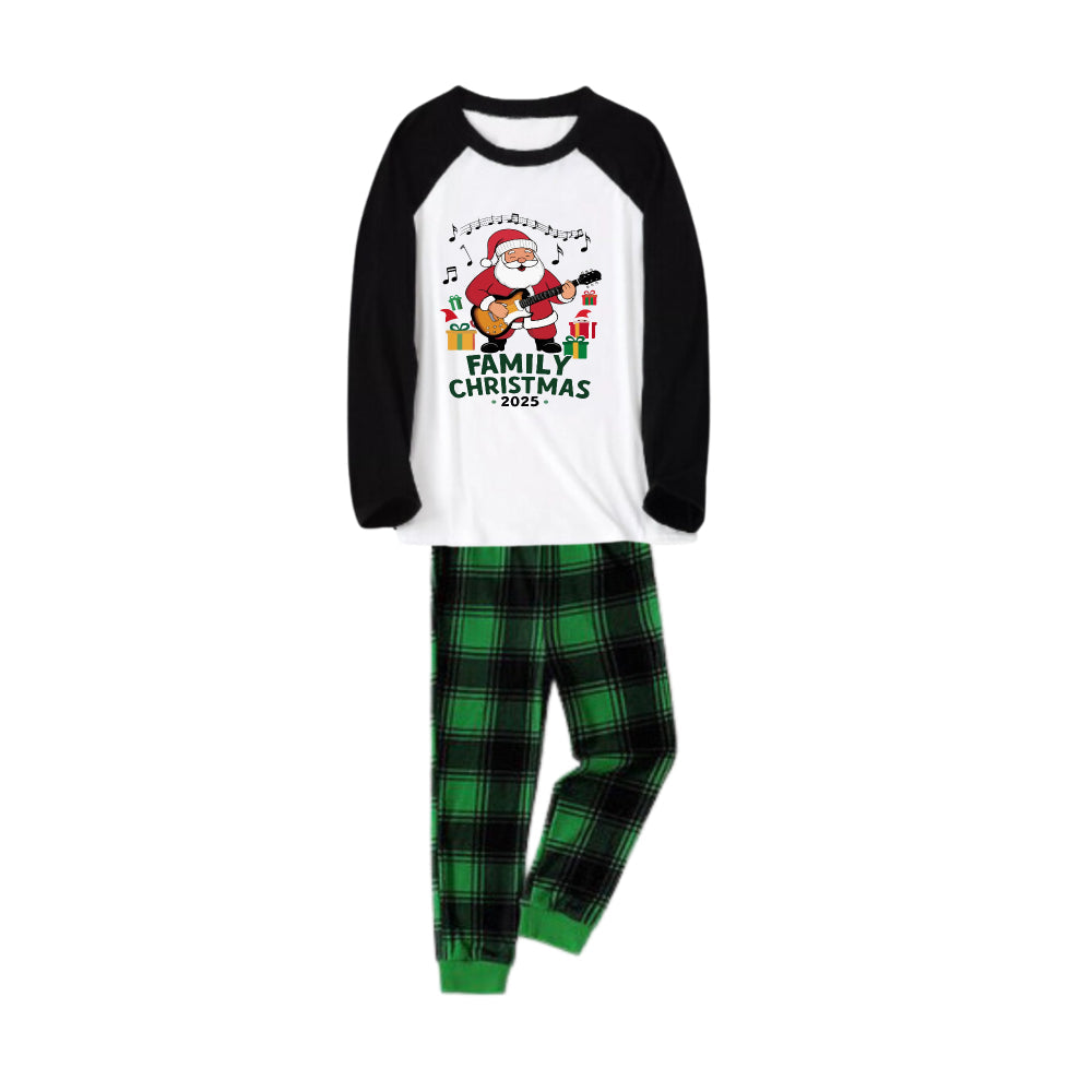 Drune | Schwarzes Raglan-Oberteil Grün Plaid Weihnachts-Pyjama-Set mit "Frohe Weihnachten 2025" und Santa Claus Druck