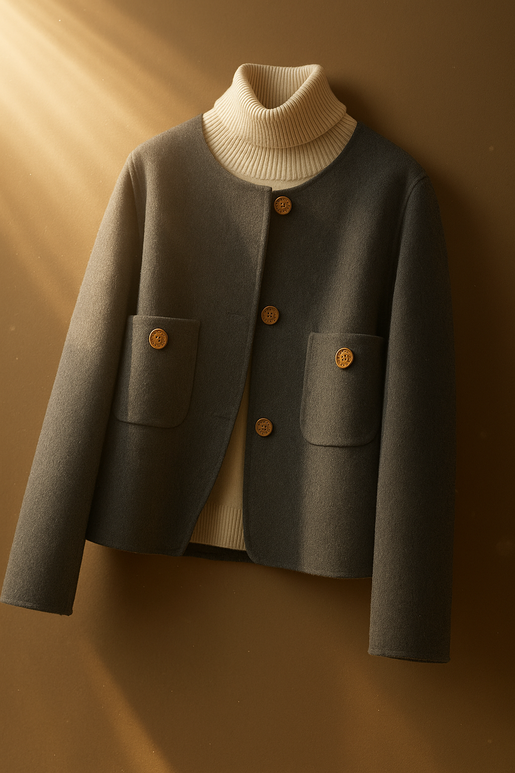Drune | Cropped Jacke Wollmix Boxy Fit Kragenlos Dekorative Knopfverschluss Patten Taschen