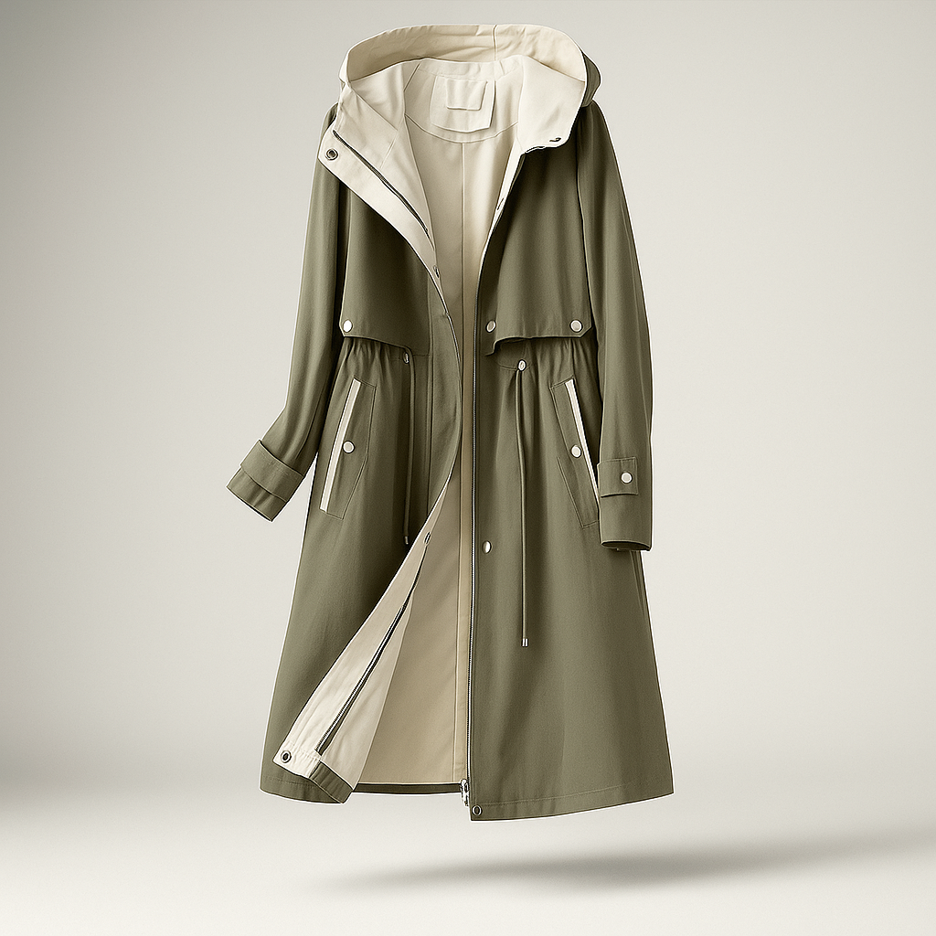 Drune | Langer Trenchcoat für Damen mit verstellbarer Kapuze Isolde