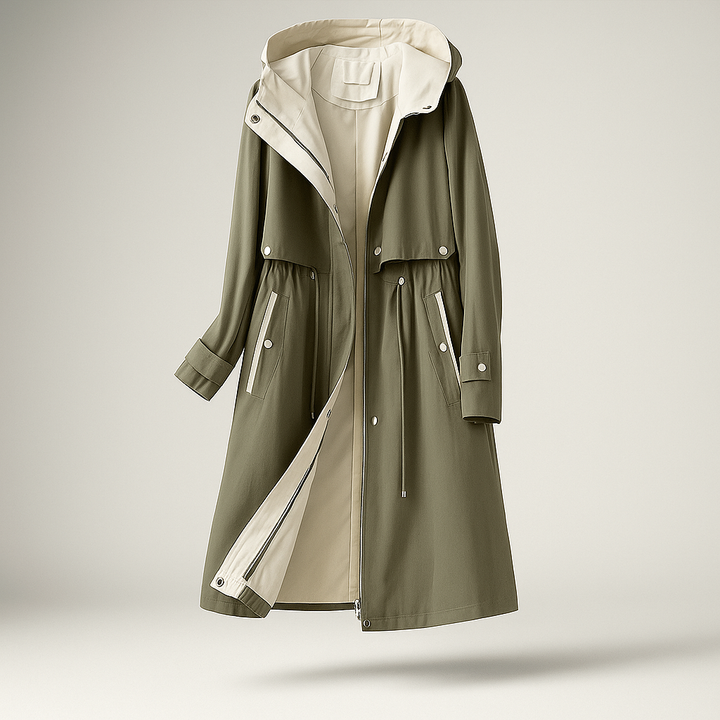 Drune | Langer Trenchcoat für Damen mit verstellbarer Kapuze Isolde