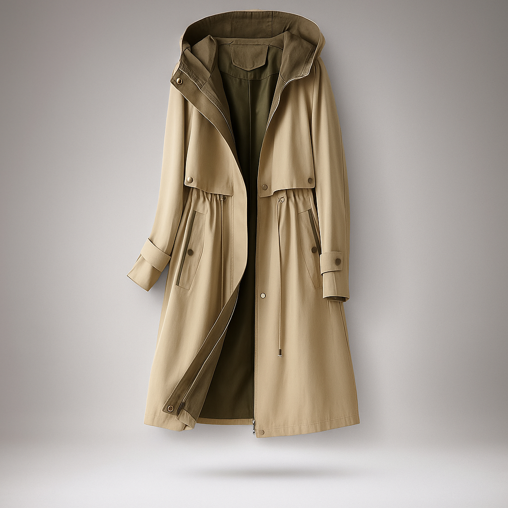 Drune | Langer Trenchcoat für Damen mit verstellbarer Kapuze Isolde