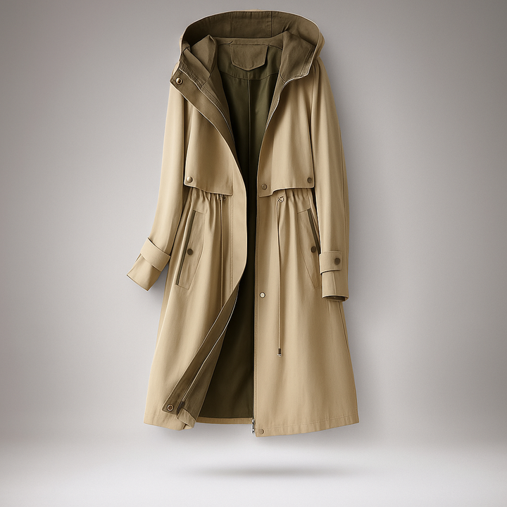Drune | Langer Trenchcoat für Damen mit verstellbarer Kapuze Isolde