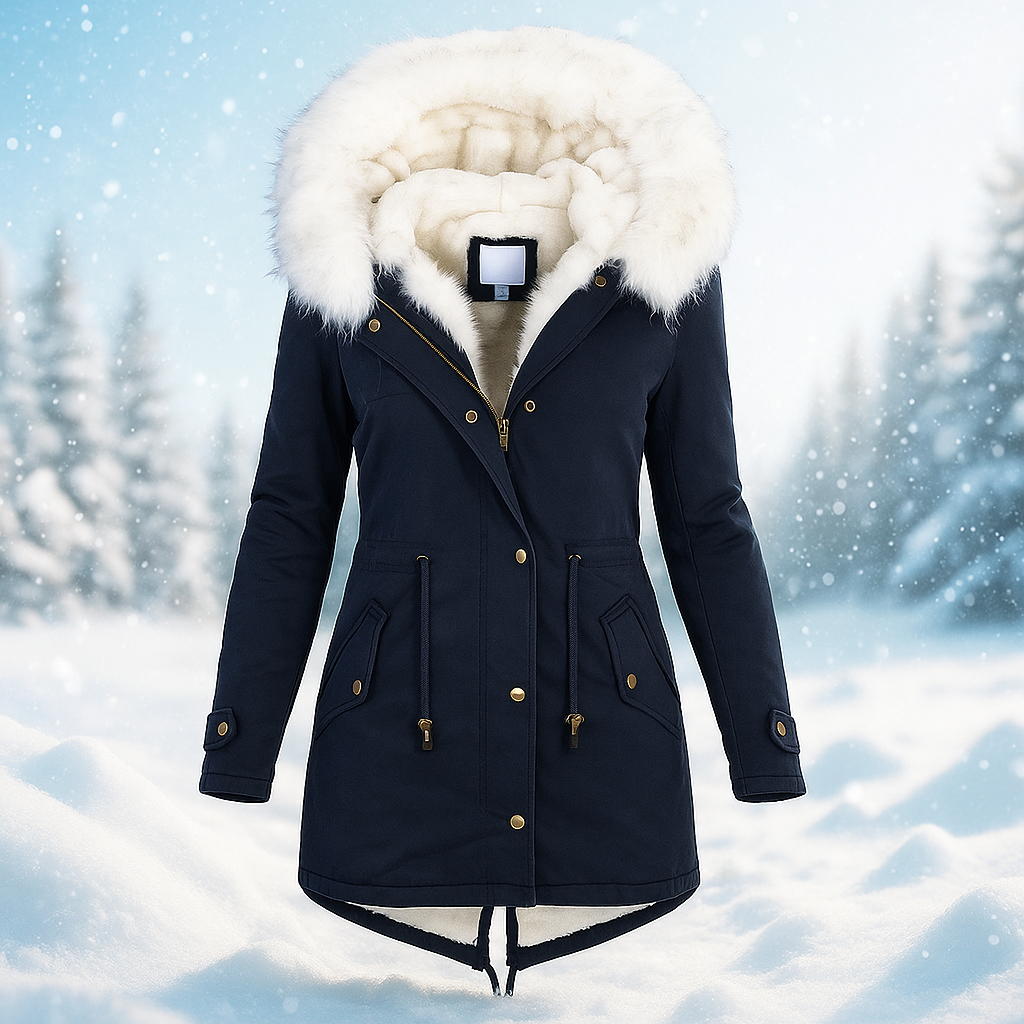 Drune | Eleganter Wintermantel mit Kapuze aus Kunstfell Paula