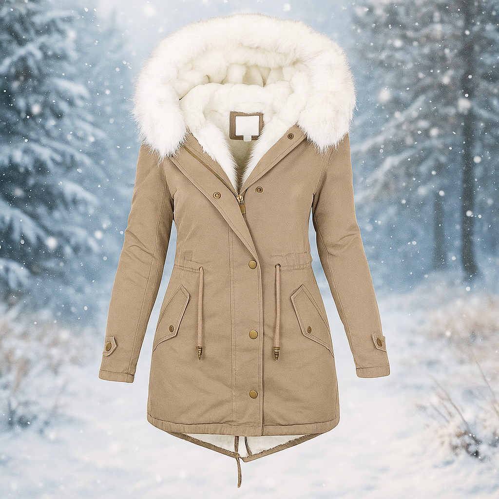 Drune | Eleganter Wintermantel mit Kapuze aus Kunstfell Paula