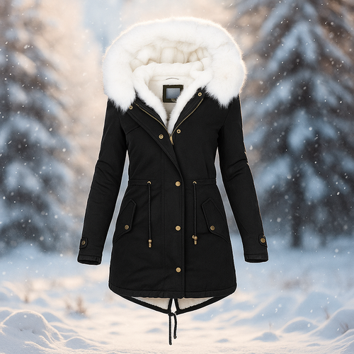 Drune | Eleganter Wintermantel mit Kapuze aus Kunstfell Paula