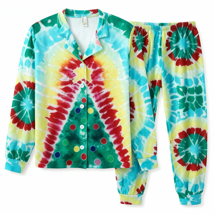 Drune | Urlaub Paar Knopfverschluss Grün & Gelb Batik Weihnachts-Pyjama Set