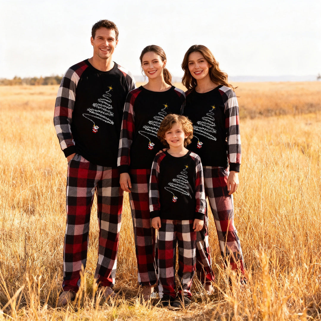 Drune | Weihnachtsmann-Print-Muster Freizeit Langarm-Sweatshirts Kontrast-Oberteile und rot & schwarz & weiß kariert Hose Familie passende Pyjama-Set mit Haustier-Bandana