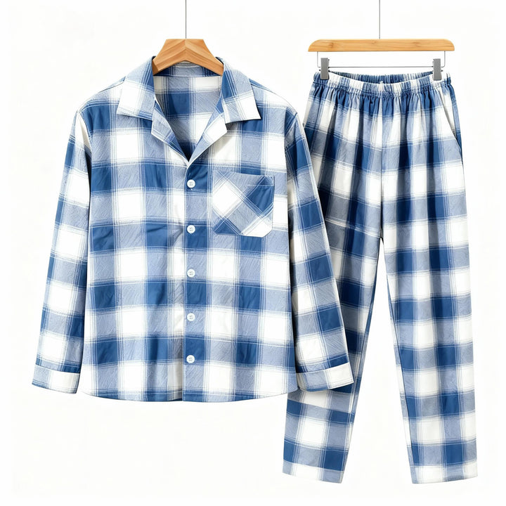 Drune | Familie passende Pyjamas Blau und Weiß Karierter Baumwoll-Set