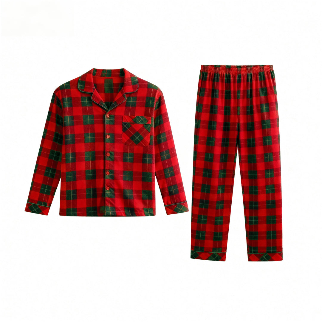 Drune | Weihnachts-Paar passende rote und grüne karierte Langarm-Pyjama-Sets