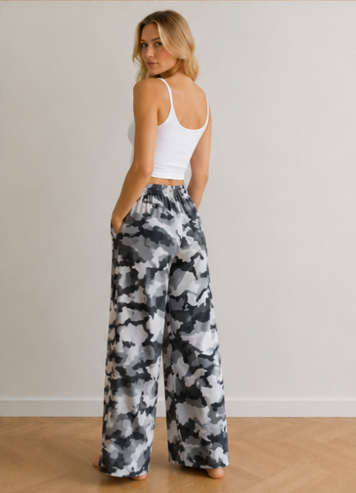 Damen Militärische Camouflage-Muster Mischgewebe Cargo-Palazzo-Hose