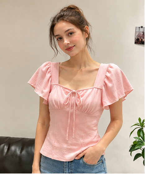 Damen Kurzarm Bluse mit Raffung und Kordelzug Drune