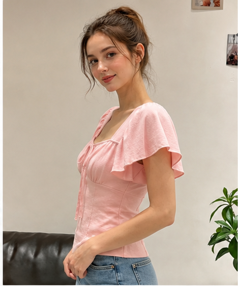 Damen Kurzarm Bluse mit Raffung und Kordelzug Drune