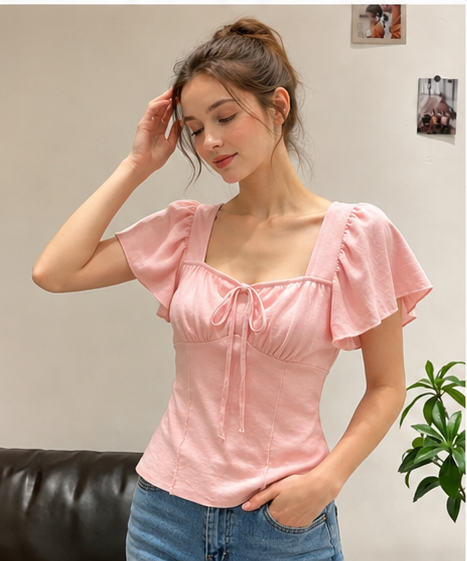 Damen Kurzarm Bluse mit Raffung und Kordelzug Drune