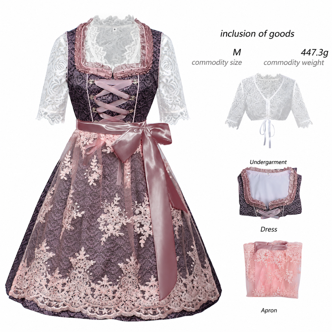 Damen nan langes Trachtenkleid im Dirndlstil mit Corsage-Schnürung und Spitzenbund Drune