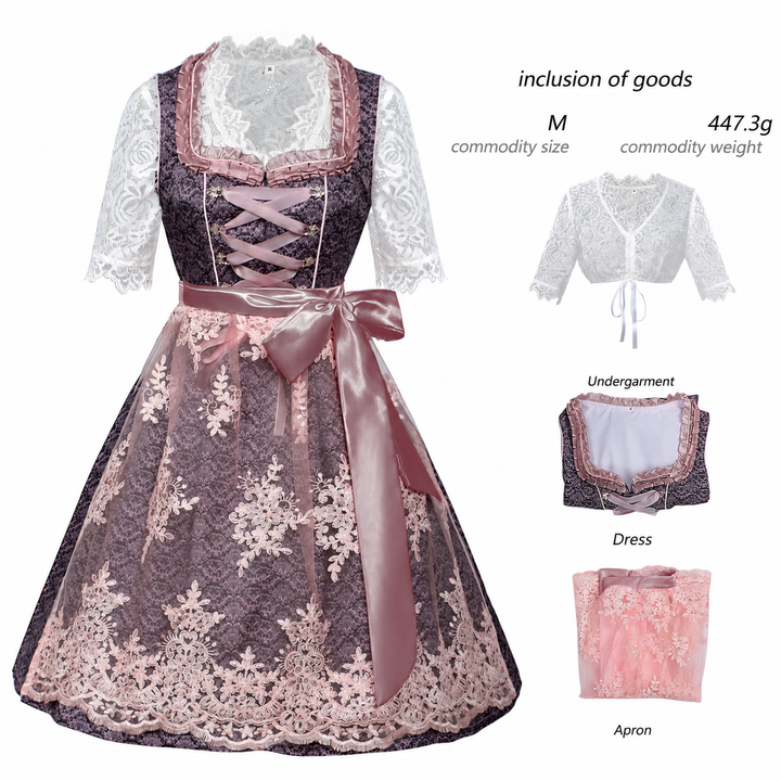 Damen nan langes Trachtenkleid im Dirndlstil mit Corsage-Schnürung und Spitzenbund Drune