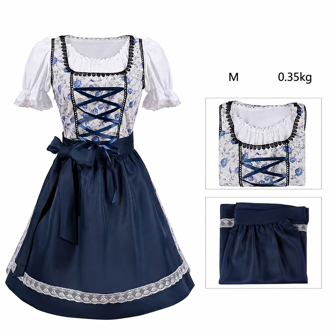 Damen nan langes Trachtenkleid im Dirndlstil mit Corsage-Schnürung und Spitzenbund Drune