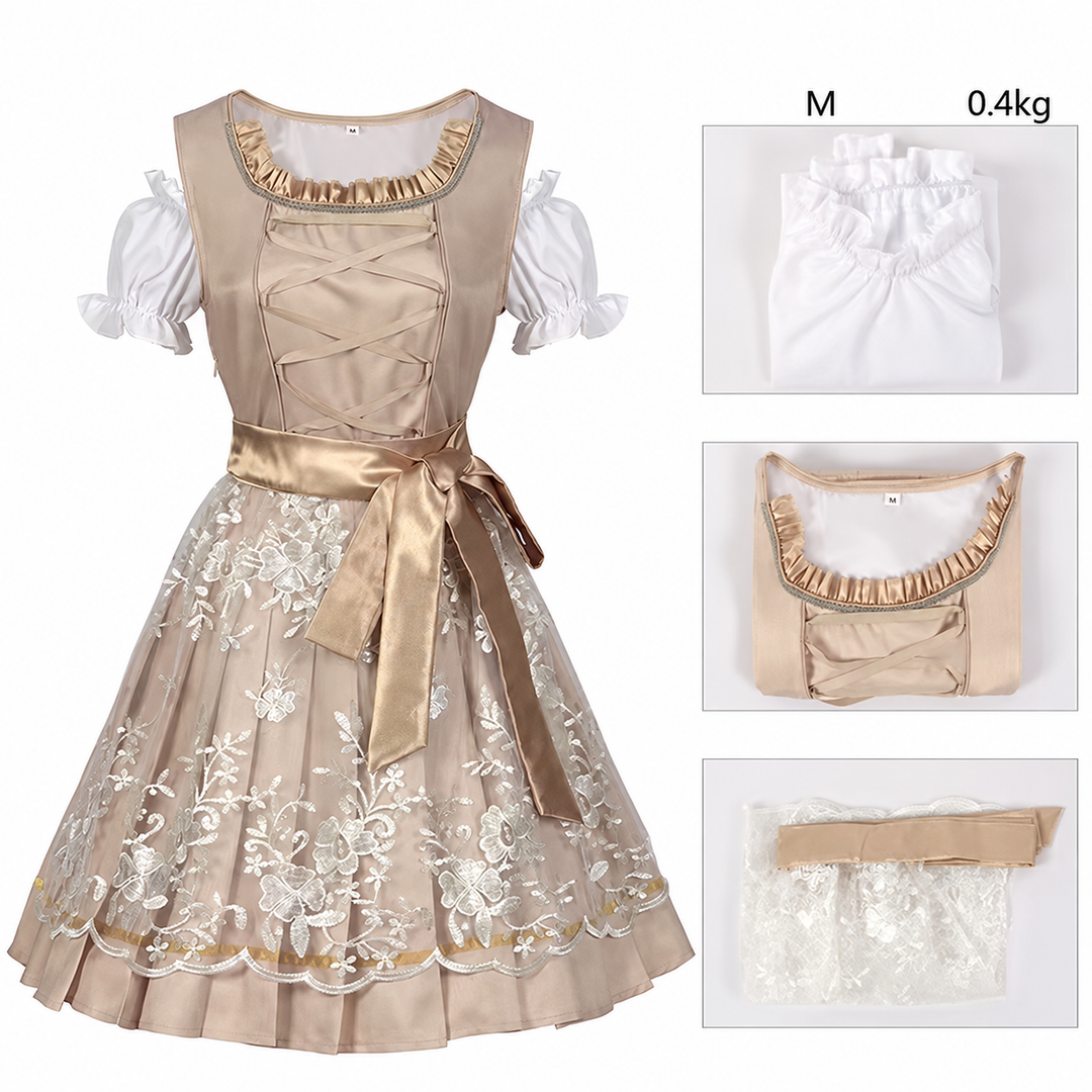 Damen nan langes Trachtenkleid im Dirndlstil mit Corsage-Schnürung und Spitzenbund Drune