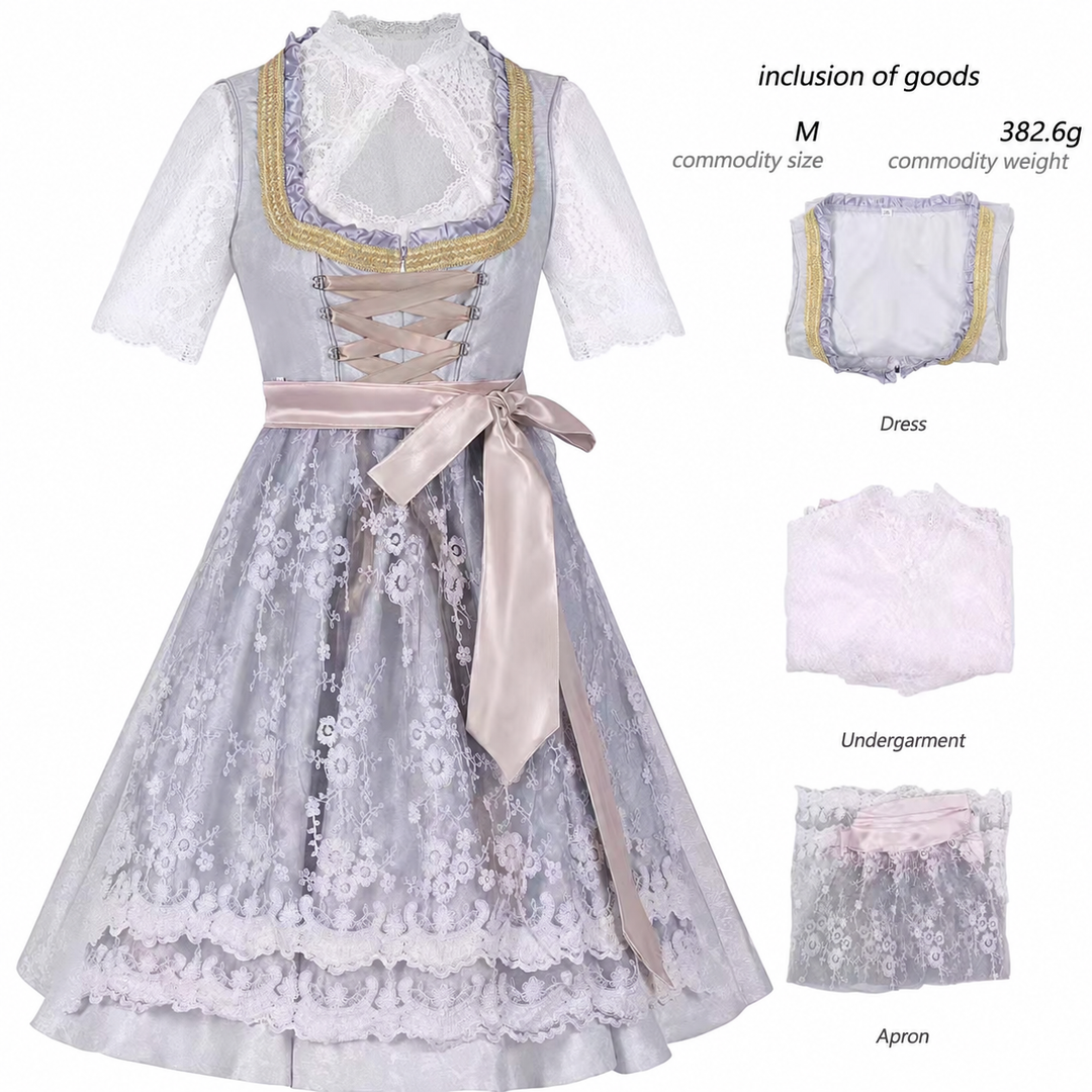 Damen nan langes Trachtenkleid im Dirndlstil mit Corsage-Schnürung und Spitzenbund Drune