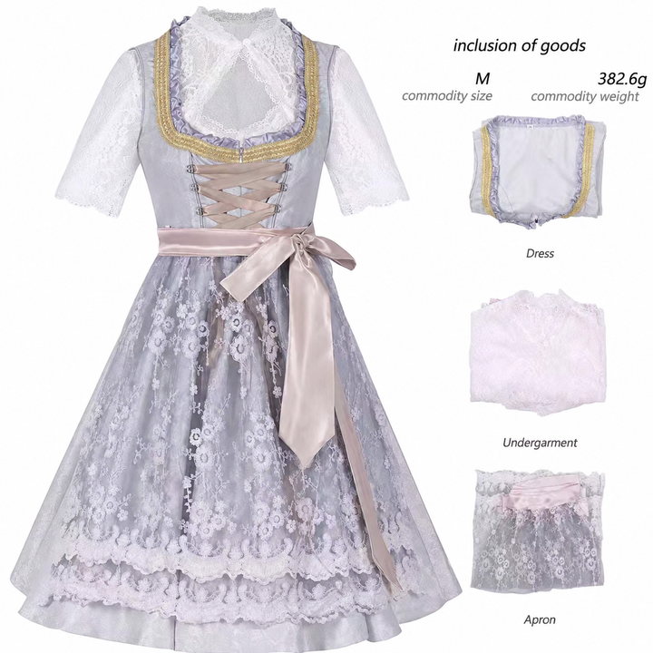 Damen nan langes Trachtenkleid im Dirndlstil mit Corsage-Schnürung und Spitzenbund Drune