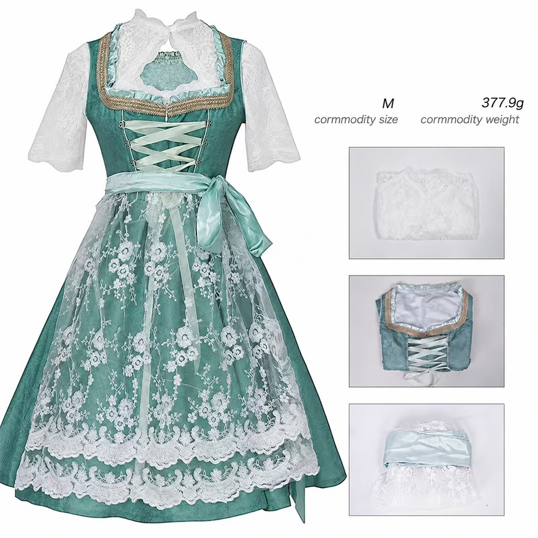 Damen nan langes Trachtenkleid im Dirndlstil mit Corsage-Schnürung und Spitzenbund Drune