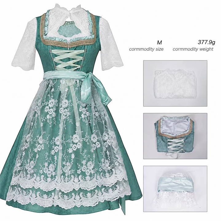 Damen nan langes Trachtenkleid im Dirndlstil mit Corsage-Schnürung und Spitzenbund Drune