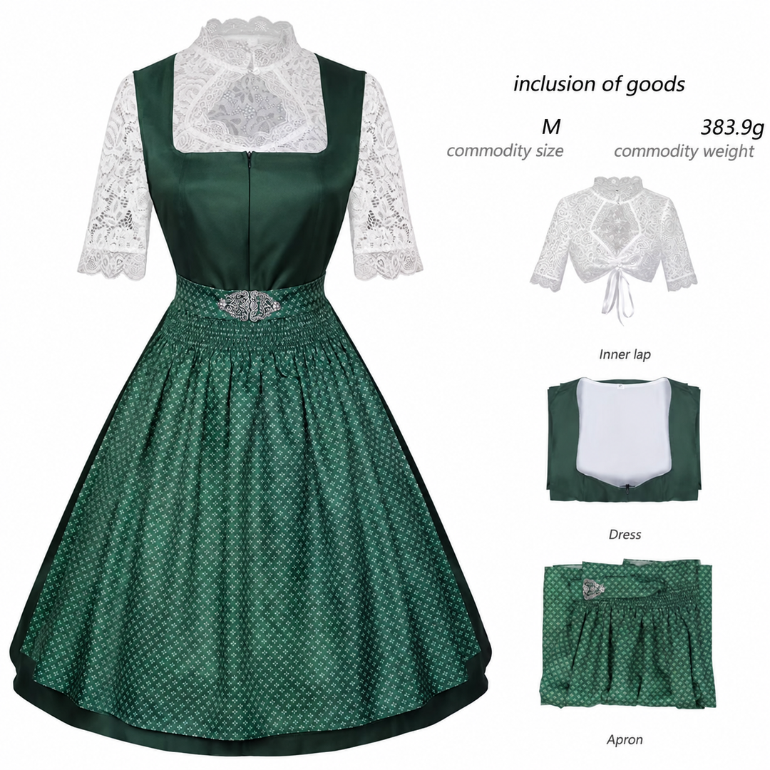 Damen nan langes Trachtenkleid im Dirndlstil mit Corsage-Schnürung und Spitzenbund Drune