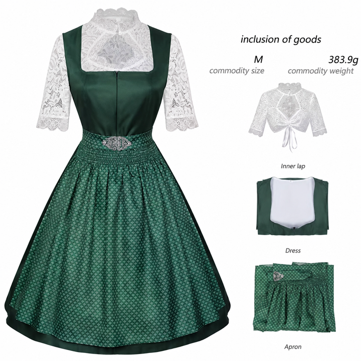 Damen nan langes Trachtenkleid im Dirndlstil mit Corsage-Schnürung und Spitzenbund Drune