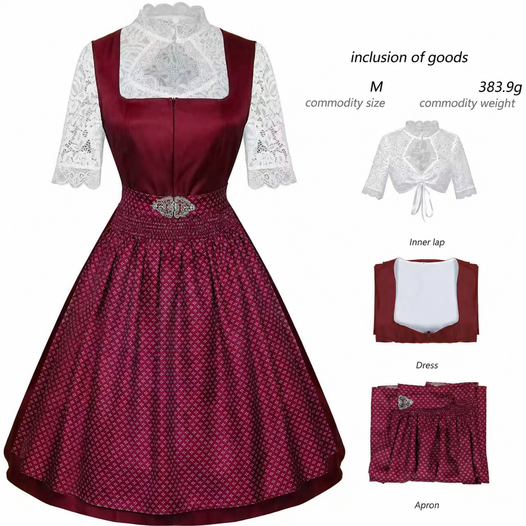 Damen nan langes Trachtenkleid im Dirndlstil mit Corsage-Schnürung und Spitzenbund Drune