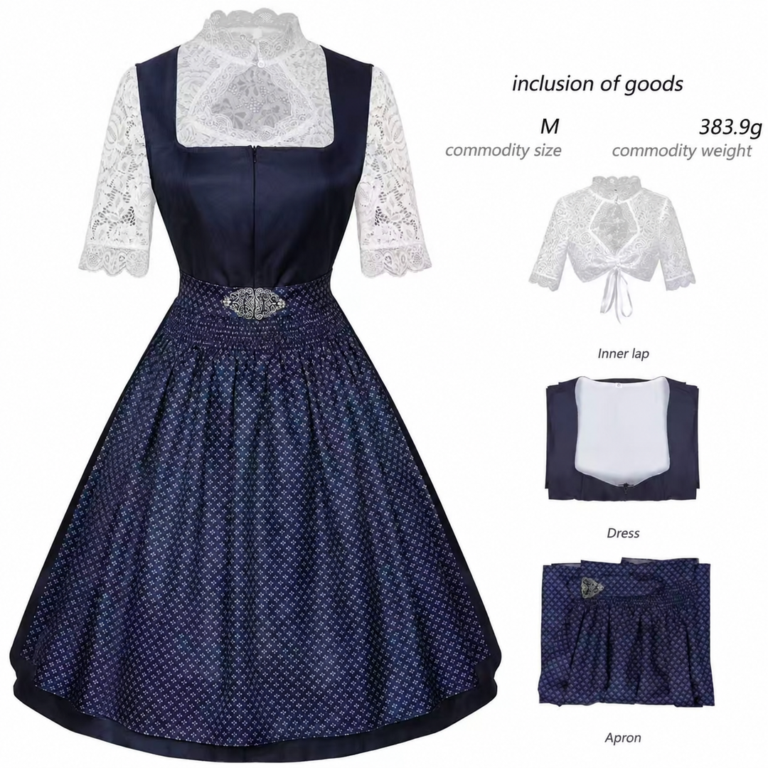 Damen nan langes Trachtenkleid im Dirndlstil mit Corsage-Schnürung und Spitzenbund Drune