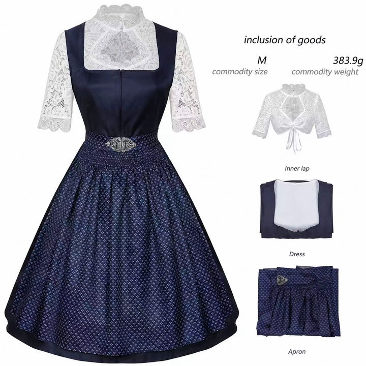 Damen nan langes Trachtenkleid im Dirndlstil mit Corsage-Schnürung und Spitzenbund Drune