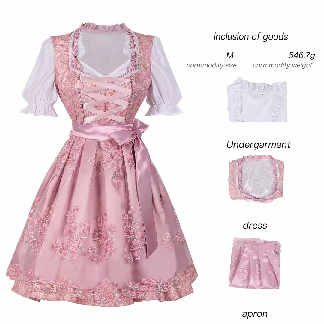 Damen nan langes Trachtenkleid im Dirndlstil mit Corsage-Schnürung und Spitzenbund Drune