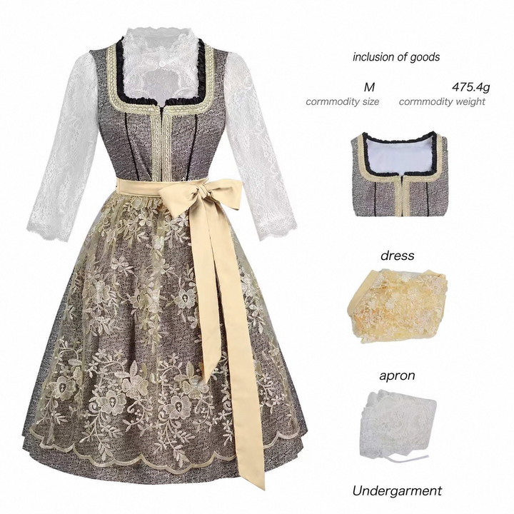 Damen nan langes Trachtenkleid im Dirndlstil mit Corsage-Schnürung und Spitzenbund Drune