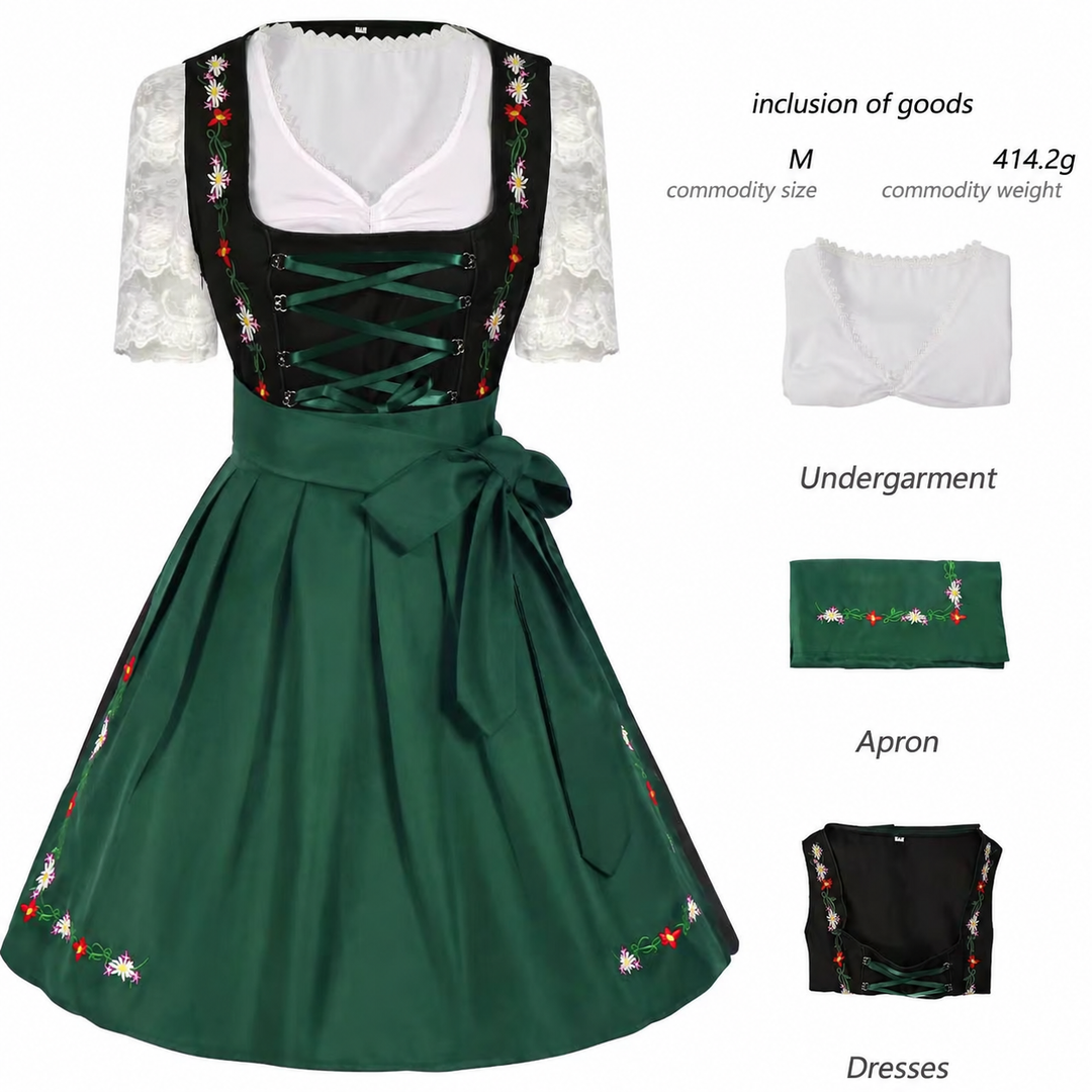 Damen nan langes Trachtenkleid im Dirndlstil mit Corsage-Schnürung und Spitzenbund Drune