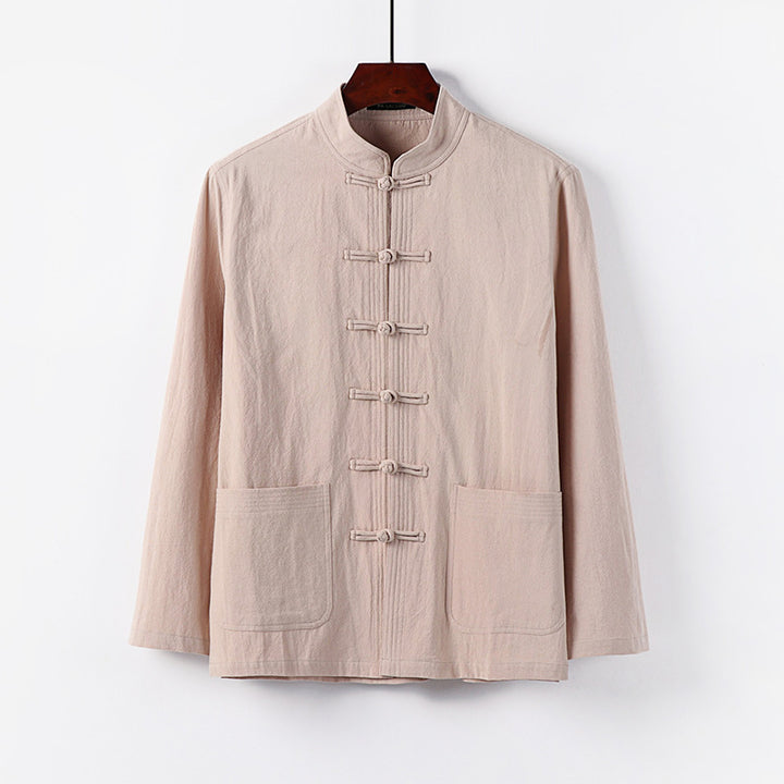 Herren traditionelle Tang-Jacke mit Stehkragen und Knotenknöpfen aus Leinenmischung Drune