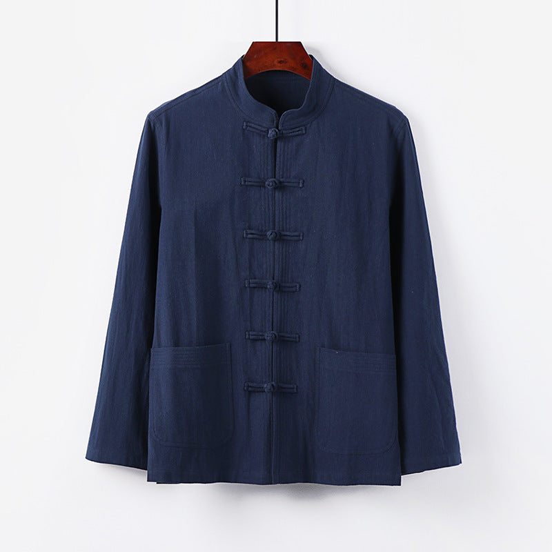 Herren traditionelle Tang-Jacke mit Stehkragen und Knotenknöpfen aus Leinenmischung Drune