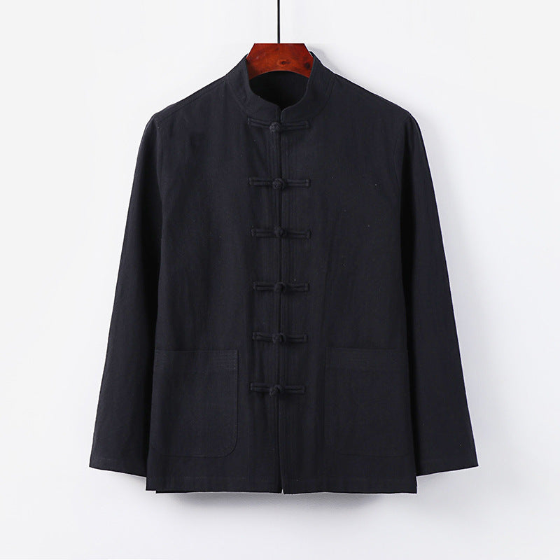 Herren traditionelle Tang-Jacke mit Stehkragen und Knotenknöpfen aus Leinenmischung Drune