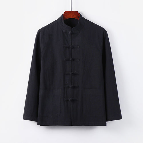 Herren traditionelle Tang-Jacke mit Stehkragen und Knotenknöpfen aus Leinenmischung Drune