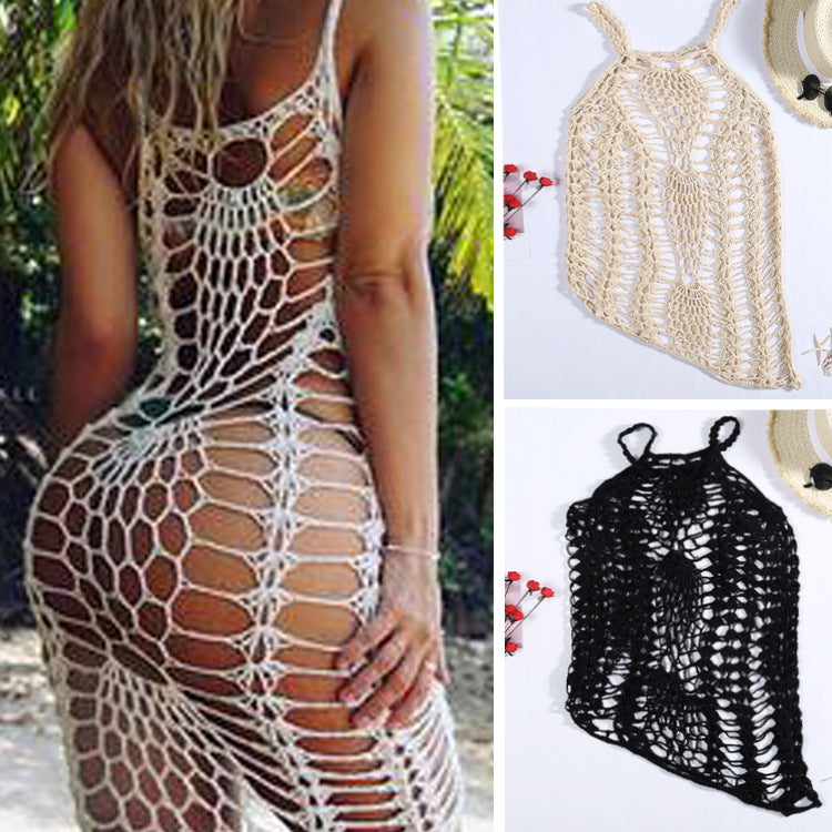Damen Netz-Strandkleid mit ausgefallenen Lochmustern und tiefem Ausschnitt Drune