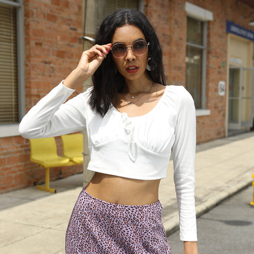 Damen figurbetontes Crop-Top mit gerafftem Bustier, U-Boot-Ausschnitt und langen Ärmeln Drune