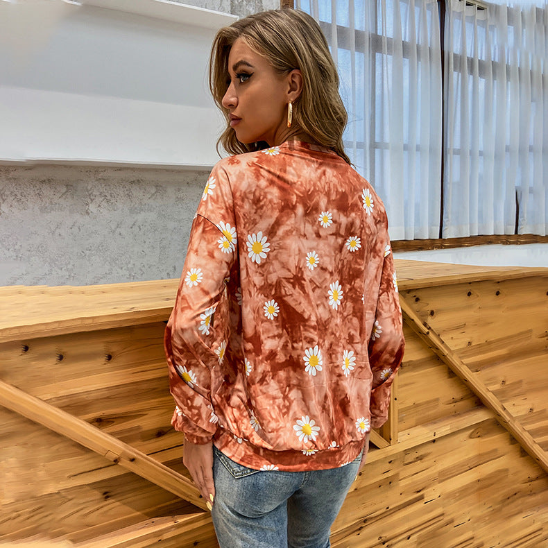 Damen locker geschnittenes Sweatshirt mit Gänseblümchen‑Print Batik‑Optik und Kängurutasche Drune
