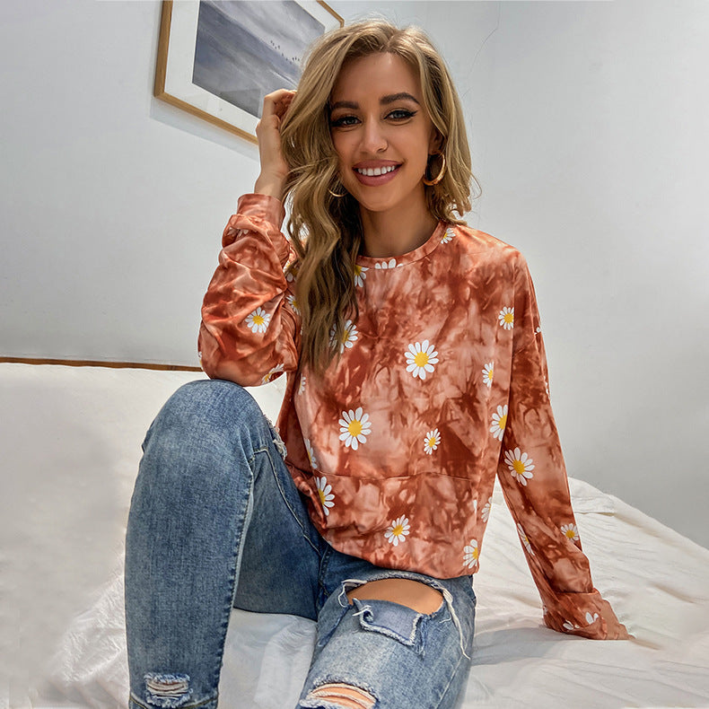Damen locker geschnittenes Sweatshirt mit Gänseblümchen‑Print Batik‑Optik und Kängurutasche Drune