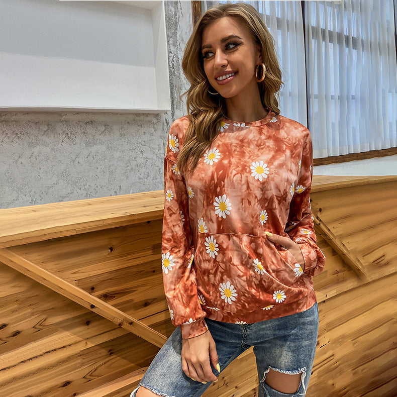 Damen locker geschnittenes Sweatshirt mit Gänseblümchen‑Print Batik‑Optik und Kängurutasche Drune
