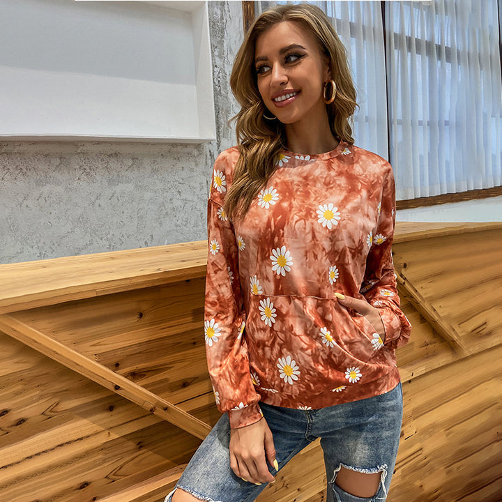 Damen locker geschnittenes Sweatshirt mit Gänseblümchen‑Print Batik‑Optik und Kängurutasche Drune
