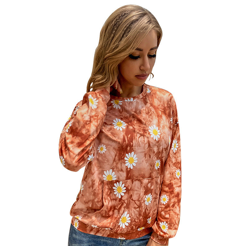 Damen locker geschnittenes Sweatshirt mit Gänseblümchen‑Print Batik‑Optik und Kängurutasche Drune