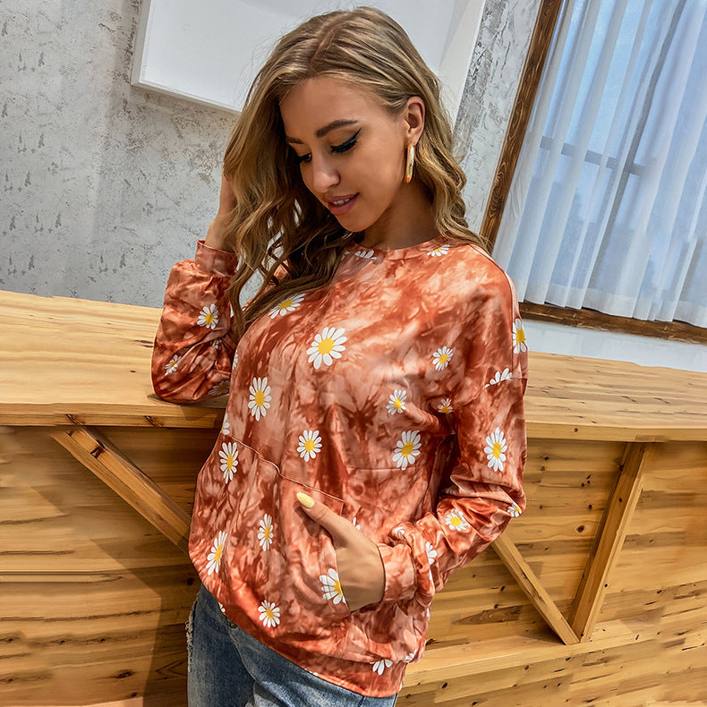 Damen locker geschnittenes Sweatshirt mit Gänseblümchen‑Print Batik‑Optik und Kängurutasche Drune
