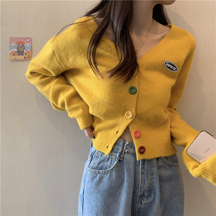 Damen Lässige Strickjacke mit bunten Knöpfen und V-Ausschnitt Drune